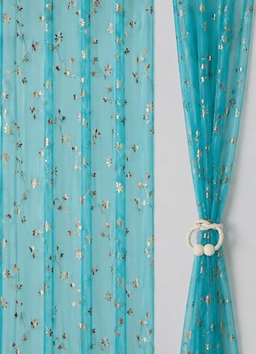 Image of littlelotus Floral Print Tissue Net Sheer Transparent Grommet Curtains for Door 7 feet Long Set of 2, Turquoise