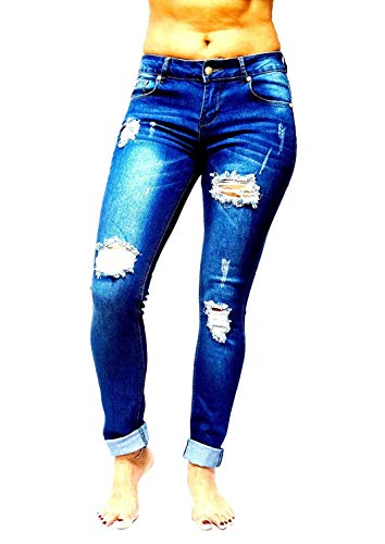 Juniors Womens Blue Denim Distressed Skinny Jeans Cotton Stretch Ripped Pants