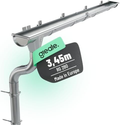 greate 3,45 Meter Dachrinnen Set mit Fallrohr verzinkt - 280 Nenngröße | Regenrinne Set mit einfacher Montage inkl. Montageanleitung - Zink Dachrinne Gartenhaus, Carport uvm - Dach