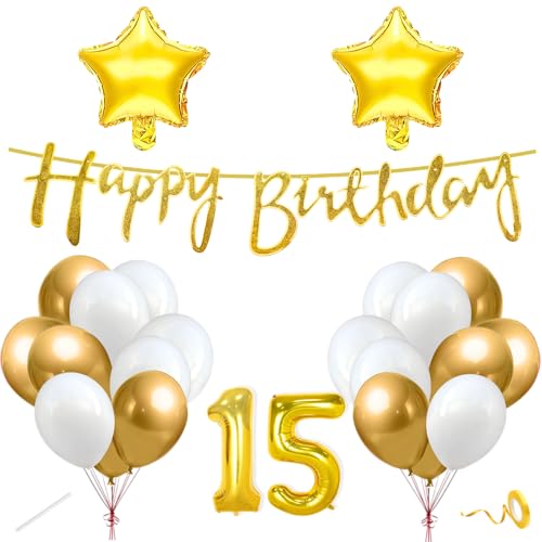 Image of Flyloons 15th Happy Birthday Decoration Kit Gold White for Boys Girls Kids Twins Men Women With 20 Pcs Chrome Balloons Birthday Banner 2 Pcs Star Items Set Golden