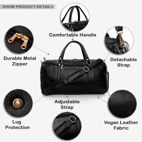 Image of HYATT Leather Accessories Weekender Travel Duffle Bag with Separate Shoe /Laundry Compartment for Men & Women Made of Natural Dry-Milled Leather (Black)