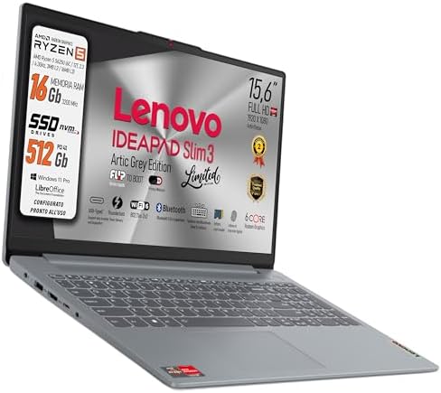 Lenovo, pc portatile Notebook, AMD Ryzen 5 5625U, 6 Core, Ram 16Gb, Display FHD IPS 15,6", SSD Nvme 512Gb, Wi-Fi 6, Bt, fingerprint, USB type-c, Tastiera retroilluminata, Win11 Pro, Pronto all'Uso