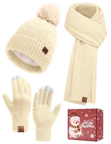 Voqeen Conjunto Gorro Bufanda Guantes Mujer Invierno Térmico Larga Bufanda de Punto Cálido Gorro Forro Polar Guantes Tactiles Moda Set Regalo