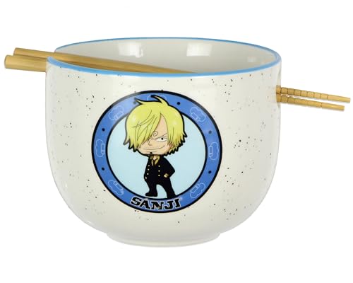 JUST FUNKY One Piece Ceramic Ramen Bowl Sanji Jolly Roger 2 Piece with Reusable Chopsticks for Kitchen Home Decor 14oz Bowl