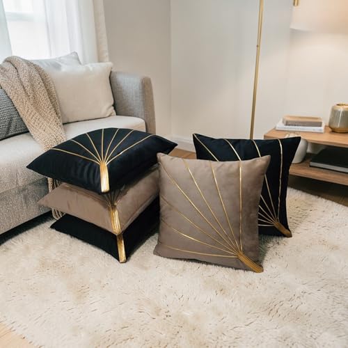 Image of Home Velvet Cushion Cover with Golden Stripes, Aqua Pack of 5, 16x16 to 26x26 Inch (Mouse /Black, 16x16in)