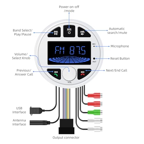 Image of 3 Inch Marine Radio Bluetooth Stereo Audio Waterproof Boat Radio FM AM USB | LEXXSON LCD Display Golf Cart Marine Stereo Receivers Audio Systems for RV UTV Yacht AUX Subwoofer White