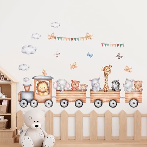 Tanlaby Pegatinas de Pared Animales Vinilo Infantil con Tren de Selva León Elefante Jirafa Murales Decorativos Removibles para Habitación Infantil y Ludoteca