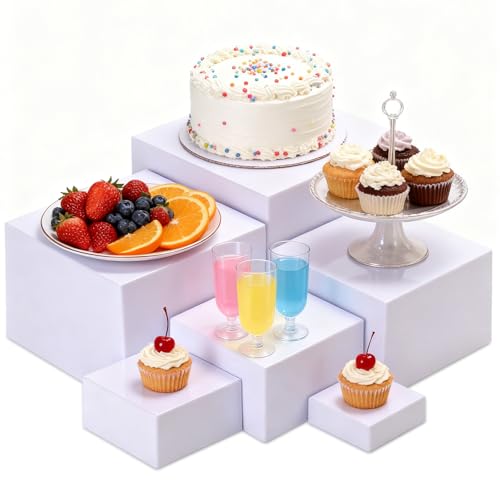 HTRYBNES 6 Pcs White Buffet Risers and Stands Food Risers for Buffet Table Display Stand Shelf for Party Catering Jewelry & Collectibles White Acrylic Nesting Boxes for Food Display
