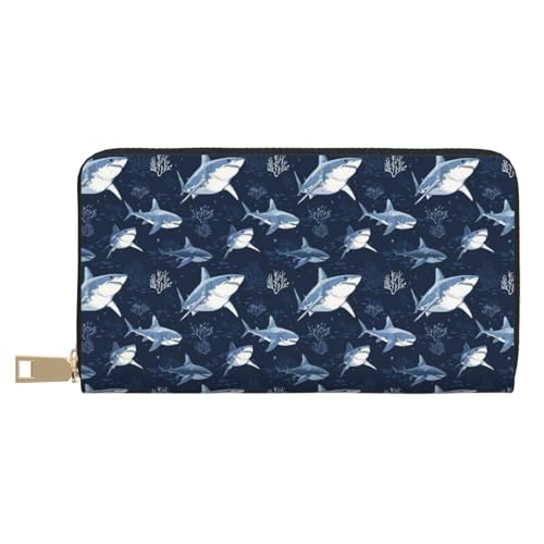 Leather Thin Slim Wallets for Women & Men - Blue Sharks Print Card Wallet Holder with Zipper