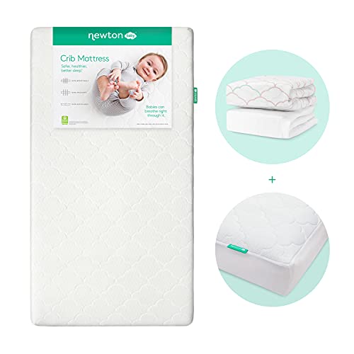 Newton Baby Crib Mattress Bundle | 100% Breathable Crib Mattress, Two-Pack of 100% Organic Muslin Cotton Sheets, and The Waterproof Crib Mattress Pad