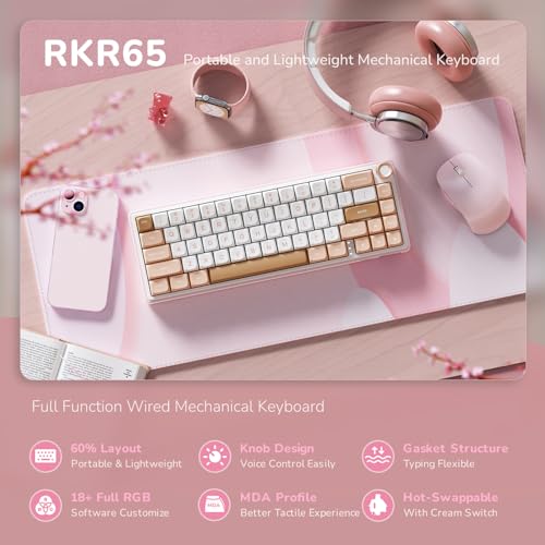 Image of RK ROYAL KLUDGE R65 Wired Mechanical Keyboard with Volume Knob, 60% Percent RGB Backlit Gasket Mount Gaming Keyboard with PBT Keycaps, MDA Profile, 66 Keys Hot Swappable Cream Switch, Pink