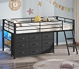 BTHFST Twin Loft Bed for Kids, Low Loft Bed Twin Size with 9 Storage Dresser, LED Lights, 2 Storage Shelves & Stairs, Metal Black Bed with Safety Guardrail for Young Teens, Space Saving, Black
