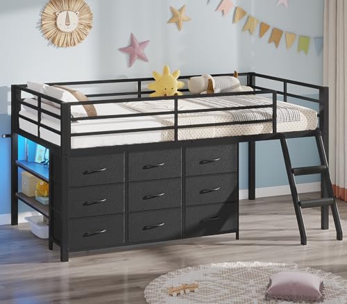 BTHFST Twin Loft Bed for Kids, Low Loft Bed Twin Size with 9 Storage Dresser, LED Lights, 2 Storage Shelves & Stairs, Metal Black Bed with Safety Guardrail for Young Teens, Space Saving, Black