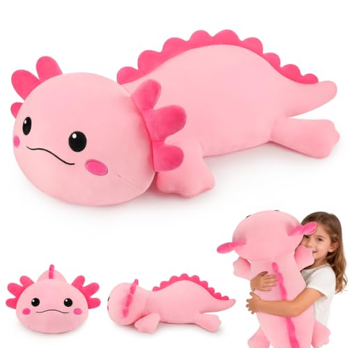 Image of 30'' Giant Pink Axolotl Plush Stuffed Animal- Pink Axolotl Plush Pillow Plushies, Large Body Pillow Plush Toy, Cute Hugging Axolotl Stuffed Animal, Birthday Gifts for Kids Girls Boys