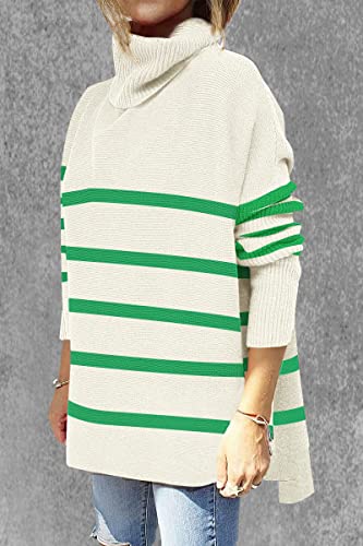 Image of Women's Turtleneck Oversized Sweaters Long Sleeve Split Hem Striped Knit Pullover Tops