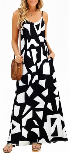 Image of Supnier Women's Summer Maxi Dress Casual V-Neck Sleeveless Bohemian Spaghetti Strap Floral Long Maxi Dress with Pockets