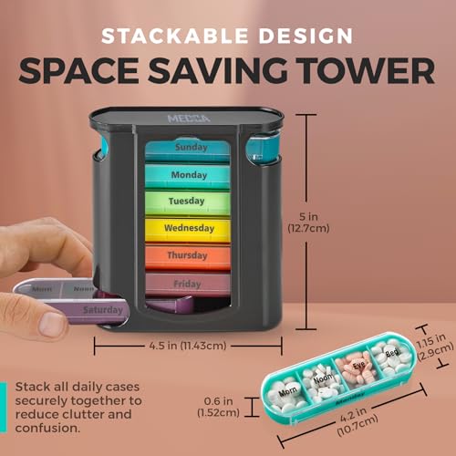 Image of Weekly Pill Organizer, 1 Dispenser, 7 Stackable Compartments Four Times-a-Day - Morning, Noon, Evening, and Bedtime, Black
