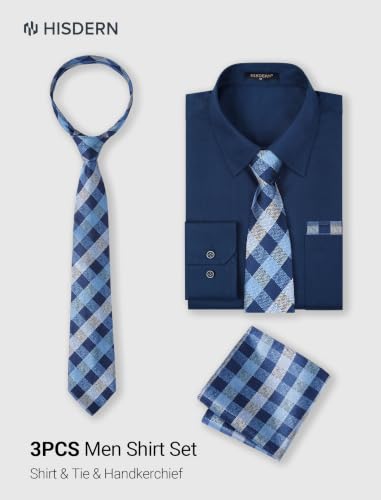 Image of HISDERN Mens Dress Shirt with Tie Pocket Square Set Classic Button Down Shirt Matching Tie Long Sleeve Shirts
