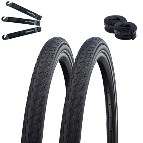 2 x Schwalbe Road Cruiser K-Guard mit Reflex in Schwarz 42-622 (28.0 x 1.6) + 2 x Schwalbe Schläuche DV17 inkl. maxxi4you Reifenheber