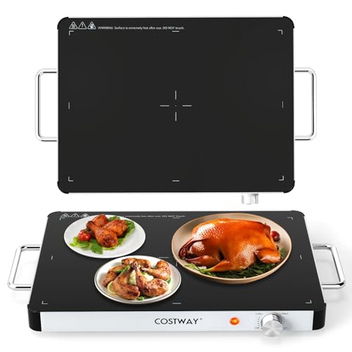 COSTWAY Chauffe Plat Électrique, Plateau Chauffant Électrique, Réchauffeur de Nourriture en Verre Trempé avec Température Réglable, Poignées Anti-Brûlure, pour Fêtes, Buffets, Vacances (40 x 30 cm)