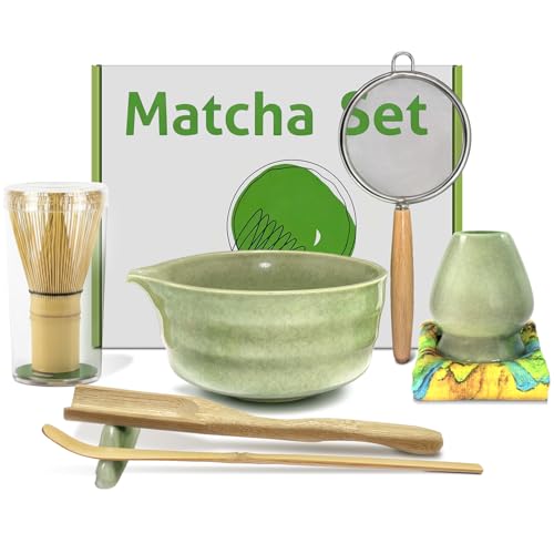 EnGiTores Set di 8 fruste Matcha in ceramica con beccuccio, supporto per frusta, frusta in bambù e paletta, setaccio, set da tè giapponese per preparare colazione/latte macchiato per amanti dei macha