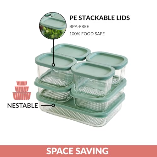 Image of Nestasia Groovo Glass Containers with Lid Set of 7 (310ml x 4, 520ml x 2, 1200ml x 1) - Transparent Stackable Fridge Storage Box, Microwave & Dishwasher Safe (Green)