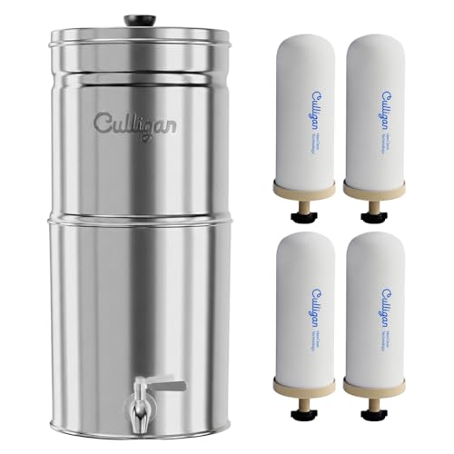 Image of Culligan MaxClear 2.25 Gallon Gravity Water Filter System, Polished Stainless-Steel Countertop Water Filter NSF /ANSI Certified to Reduce Microplastics, Lead & Total PFAS, with 4 Ceramic Filters