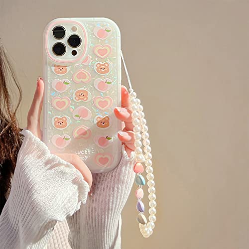 Nititop Compatible With Iphone 13 Pro Max Case, Cute Cartoon Love Bear Peach With Heart Beaded Lanyard Wrist Strap For Women Girls, Shell Pattern Soft Tpu Full Protective Cover- Pink Bear2 #TOP1