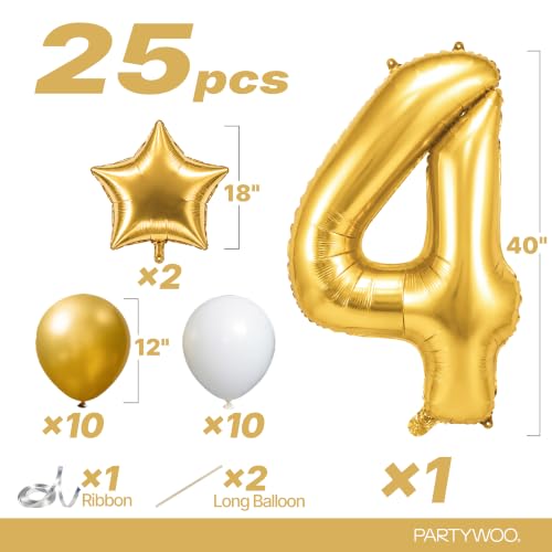 Image of PartyWoo Metallic Gold Number 4 Balloon 40 Inch 25pcs Gold Foil Star White
