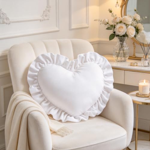 15.7 Inch Heart Shaped Christmas Throw Pillows with Ruffles, White - image 9