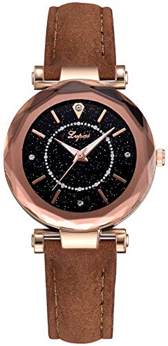 Damenuhr Quarzuhr Sternenhimmel Uhr mit rundem Zifferblatt eingefasst Strass mit PU-Armband für Elegante Frauen, Braun