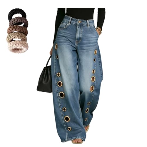 2026 Trendy Eyelet Cutout Grommet Washed Denim Pants, Women's High