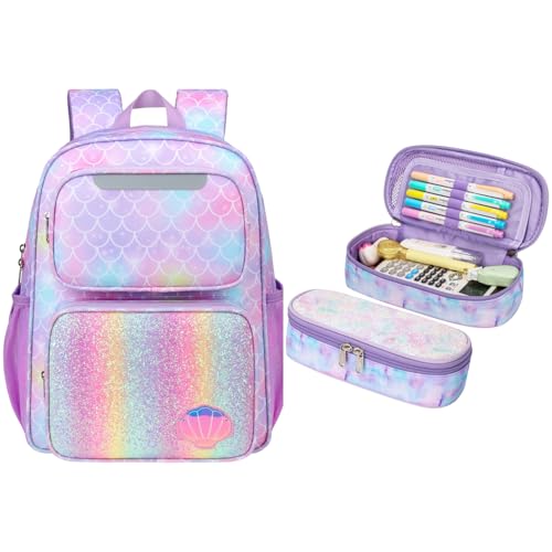 Kids Backpack and Pencil Case for Girls Bundle, 15 Inch Mermaid Backpack for Girls 3 to 8 and Purple Tie-dye Pencil Case for Girls