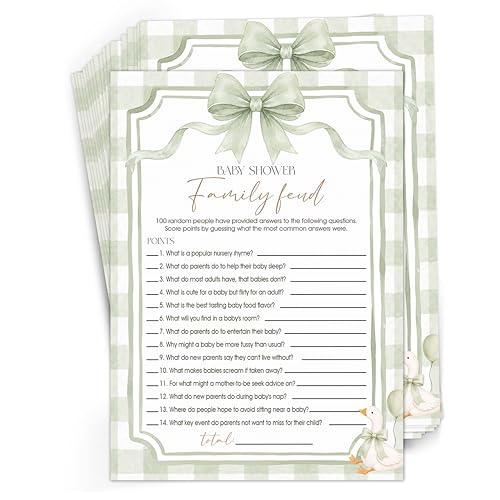 Goose Baby Shower Games, Sage Green Bow Goose Baby Shower Family Feud Game, Gender Reveal Party Supplies & Decorations, Gender Neutral, Set of 30 Game Cards - DY06 by VAQTAIO - Used condition - US$9.77