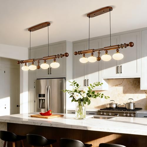 Image of Wood and Globe Linear Chandelier Wooden Farmhouse Dining Room Light Fixture Rustic 4-Light Linear Kitchen Island Lighting Mid Century Modern Globe Hanging Pendant Light with Milk Glass Lampshade