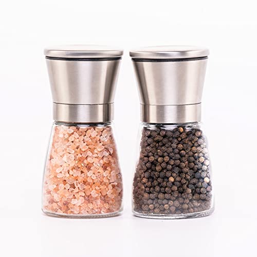 Salt And Pepper Grinder Set With Wood Tray, Manual Sea Salt, Spice And Peppercorn Mill, Glass Container, Stainless Steel Cap, Adjustable Coarseness And Refillable For Modern Farmhouse Kitchen Table #TOP4