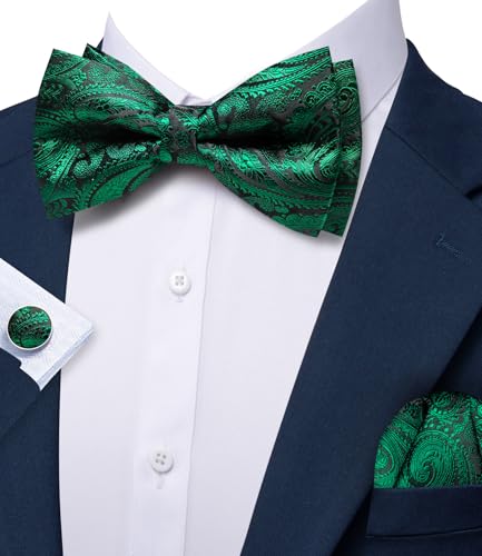 Image of YOHOWA Paisley Striped Men Bow Tie Pre-Tied Formal Adjustable Colorful Bowties Handkerchief Cufflinks Set Wedding Party