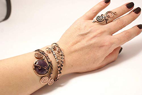 Copper Wire Wrapped Bracelet, Amethyst Cuff Bracelet, Solid Copper Bracelet With Gemstone, Copper Jewelry, Handmade Bracelet Women #TOP3