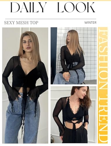 Avidlove Women Mesh Crop Top Y2K Tie Front Tops Rave Top Sheer Cardigan Sexy V Neck Outfits S-2XL4