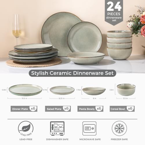 Image of GBHOME Dinnerware Sets For 6, 24Pcs Stoneware Plates and Double Bowls Sets, Dishwasher&Microwave Safe
