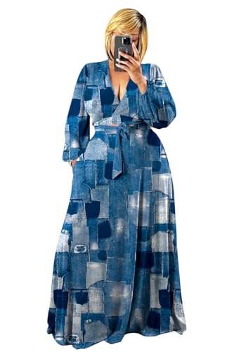 Image of Plus Size Women's 2 Piece Outfits Printed Casual Long Sleeve Wrap Crop Top Maxi Long Dress Flowy Matching Sets