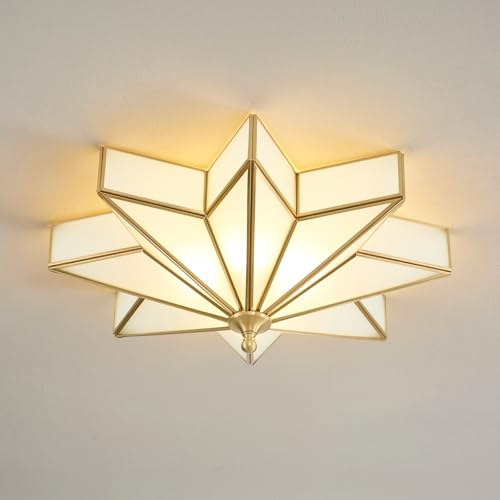 Star Flush Mount Ceiling Light: 20 Inch Brass Milk Glass Lighting Fixture - Gold Art Decor Lights - Mid Century Vintage Moravian Bronze Lamp for Bedroom Kitchen Dining Room Entry Foyer Outdoor Porch