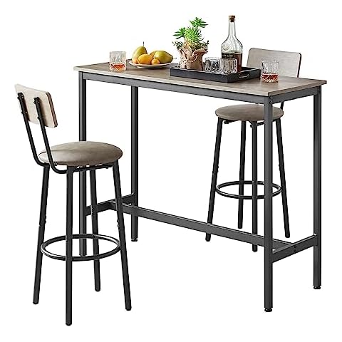 Noskatu 3-Piece Dining Table Set for 2, Modern Bar Table and Chairs Set for Small Space Kitchen Wooden Rectangular Dinette Set with PU Padded Chairs Metal Frame for Apartment Breakfast Nook, Grey Cover