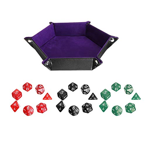 Juego de dados de poliédrica con bandeja de piel sintética para RPG Cover