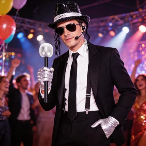Wvu & Wvo 8 Popstar Costume pour homme, danseuse des années 70 et 80, déguisement avec chapeau, lunettes de soleil, gants, bretelles, nœud papillon, cravate, chaussettes, pour carnaval, Halloween – vue 4