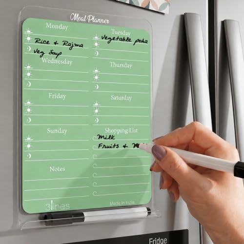 Image of 3 Lines ClearBite Acrylic Magnetic Meal Planner Board | Sleek & Durable | Includes Marker & Duster | 24x16 CM | Perfect for Meal Planning, Shopping Lists, Notes | Ideal for Home, Office | Cardamom