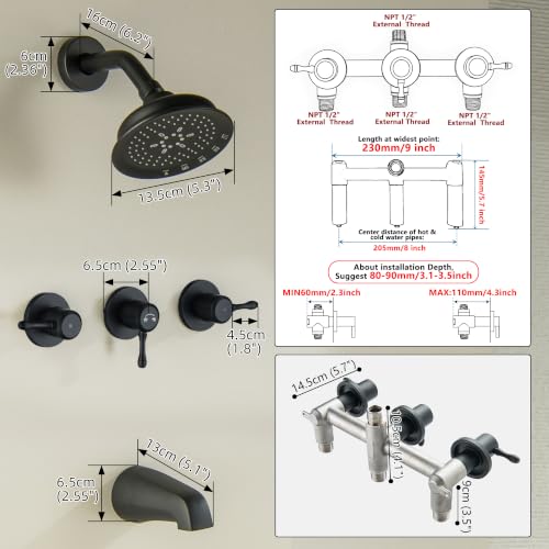 Juego de grifería para bañera y ducha de 3 manijas, negro mate, con grifo para bañera y válvula central de 8 pulgadas, 3 perillas, rociador manual ABS de 5 modos y cabezal de ducha, núcleo de válvula extendido de acero inoxidable de 5,7 pulgadas miniatura 3