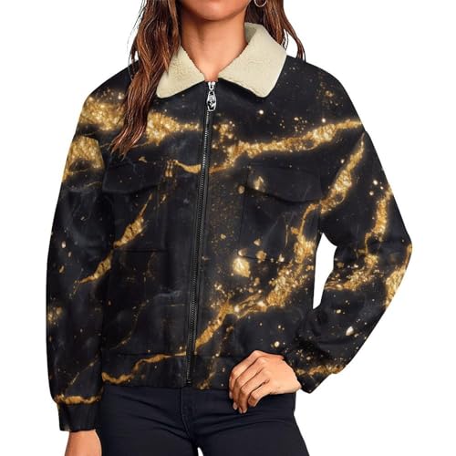 Manteau polaire à texture feuille d'or femme haut de gamme motif marbre noir luxueux
