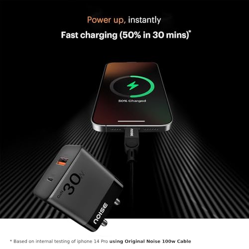 Image of Noise Power Series 30W Gan Charger: 2 Ports (1 USB-C Type, 1 USB-A), iPhone 0-50% In 30Mins, With Globally Compatible, Supports All iPhones, Android Phones, Tablets (Black)