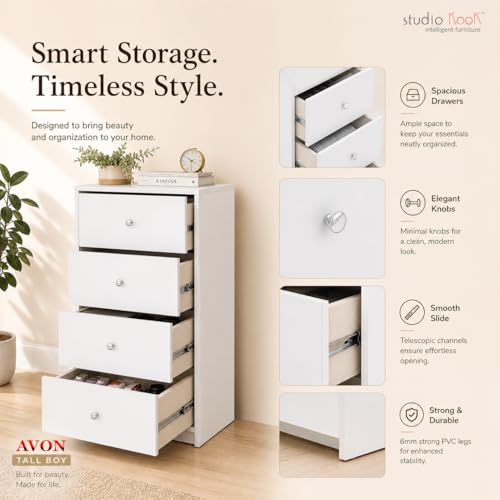 Image of Studio Kook Engineered Wood Avon Tallboy Chest of Drawers, 4 Drawers, Matte Finish (Moonshine White)